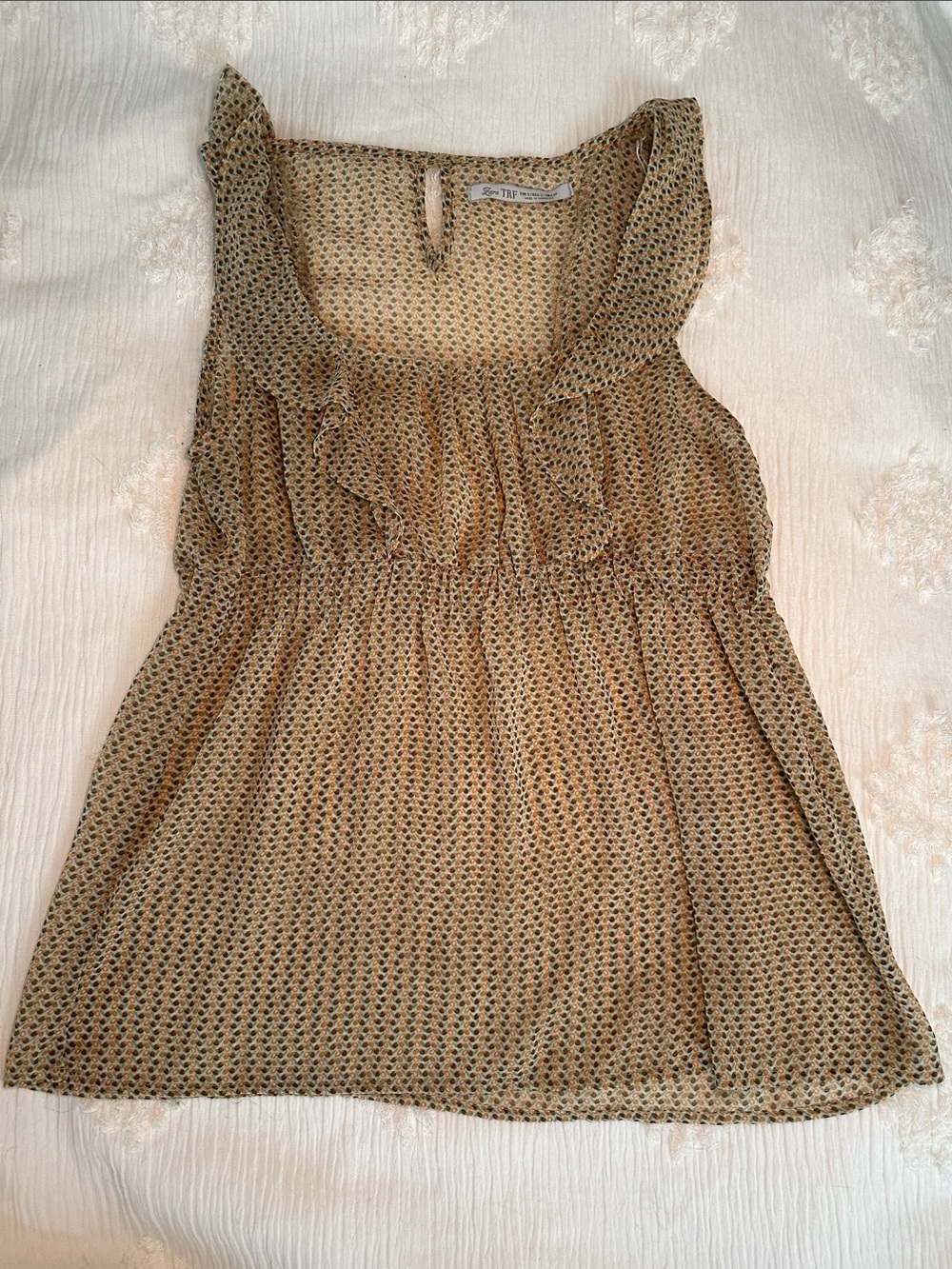 Zara Olive Green Printed Ruffle-Shoulder Camiso